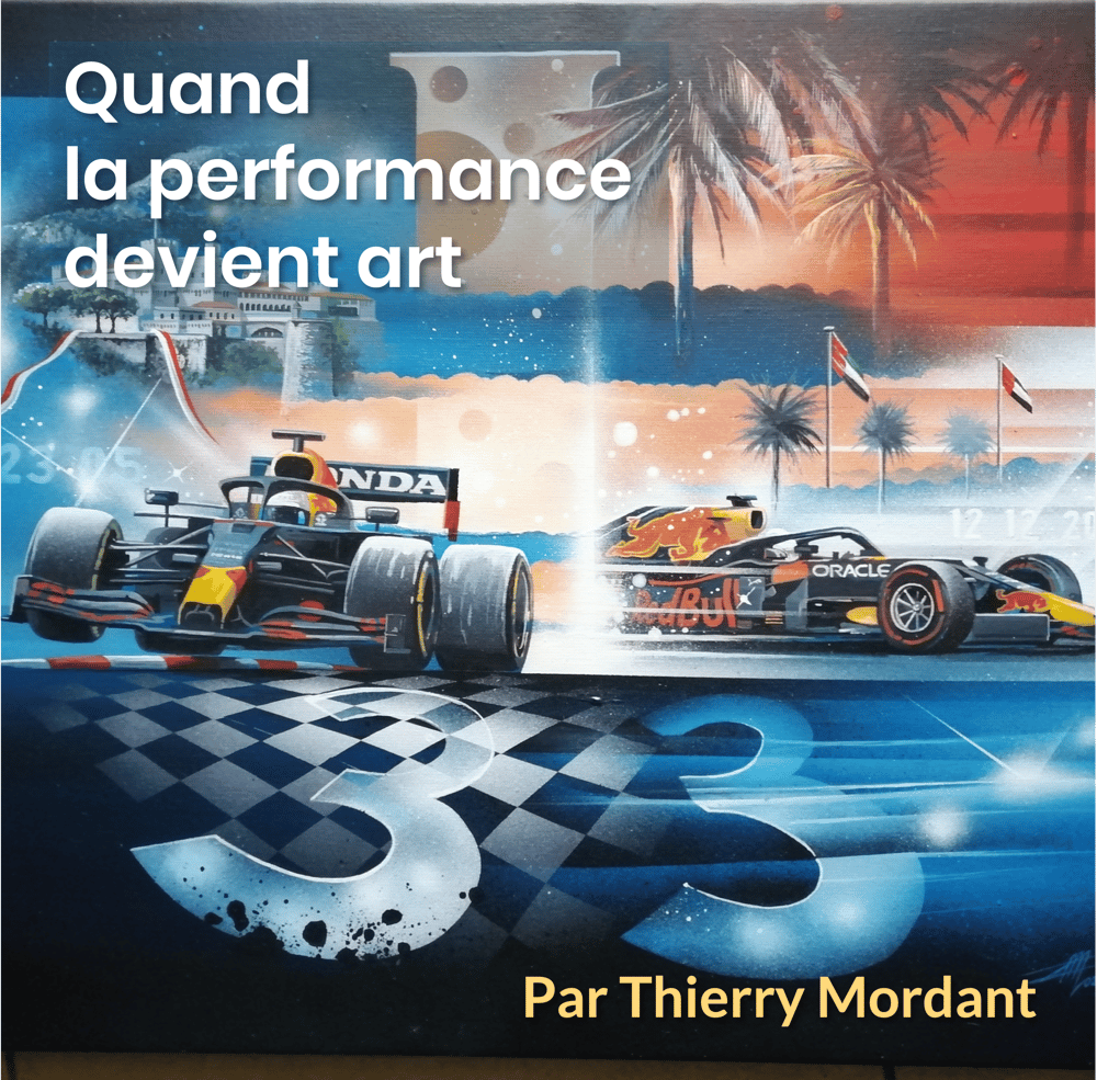 Œuvre contemporaine de Thierry Mordant représentant deux monoplaces de Formule 1 Red Bull Racing en pleine course entre Monaco et Abu Dhabi, avec des couleurs vives évoquant la vitesse, la précision et l’émotion. Peinture symbolisant la rencontre entre art, performance et excellence.