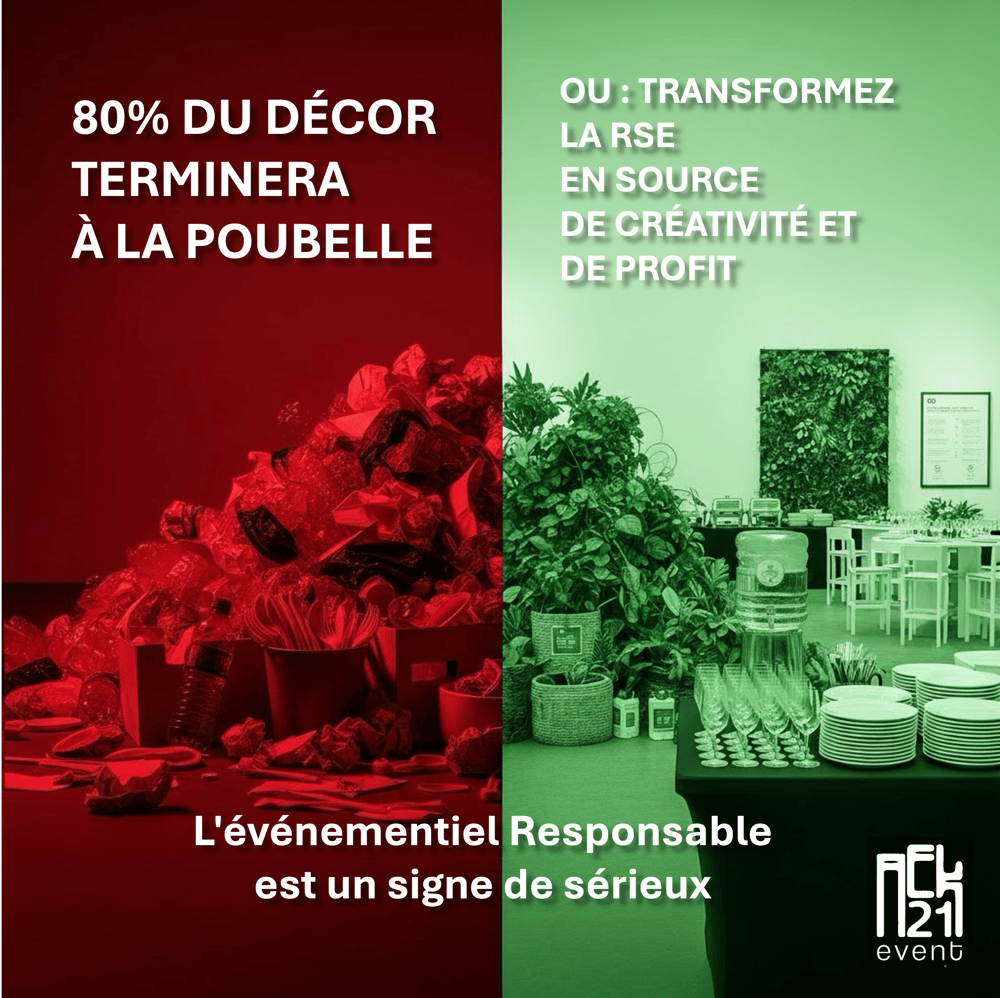 « Visuel comparatif montrant à gauche un décor événementiel jetable rempli de déchets et à droite une scénographie durable, illustrant comment transformer la RSE en source de créativité et de profit – AEK21 Event. »