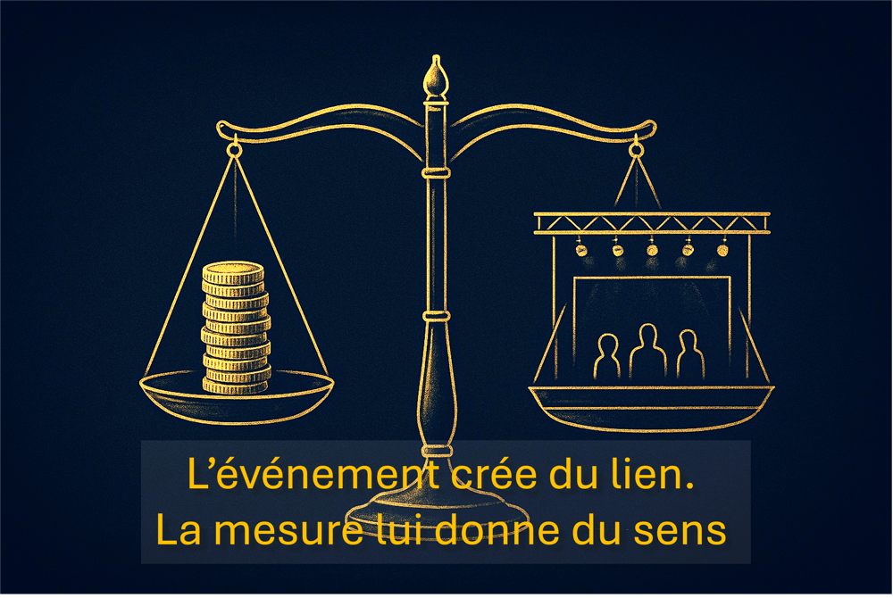 Illustration d’une balance dorée : à gauche des pièces symbolisant l’investissement, à droite une scène événementielle représentant le lien humain. Texte “L’événement crée du lien. La mesure lui donne du sens”.
