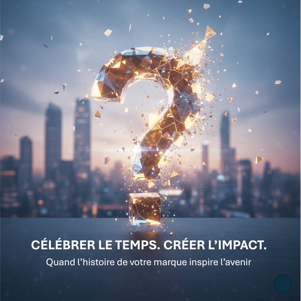 Point d’interrogation facetté doré en lévitation, éclats lumineux et skyline moderne en arrière-plan, symbolisant l’exploration stratégique et la prochaine étape d’une marque.