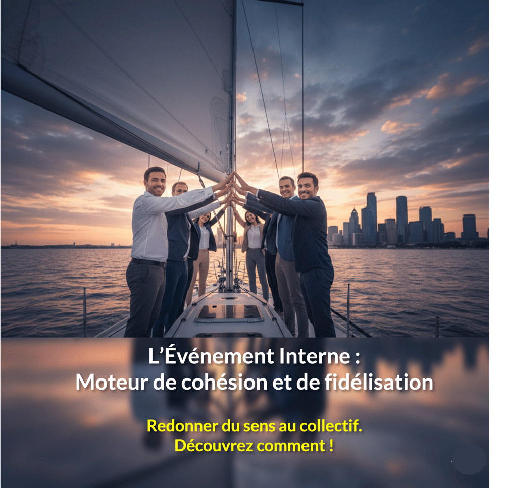 Équipe de collaborateurs unis sur un voilier au coucher du soleil, levant les bras ensemble vers le mât. L’image symbolise la cohésion, la motivation et la réussite collective au sein d’une entreprise.