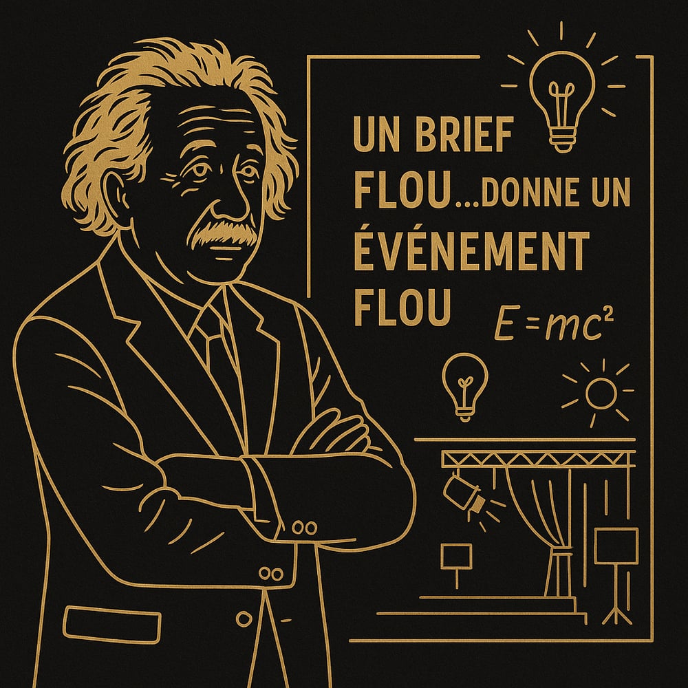 Illustration élégante en lignes or sur fond noir représentant Einstein et la phrase ‘Un brief flou donne un événement flou’, symbolisant l’importance de la créativité structurée en événementiel.