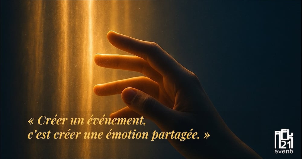 ambiance élégante d’un événement AEK21, lumière dorée et émotion partagée, illustrant la philosophie du consultant événementiel.