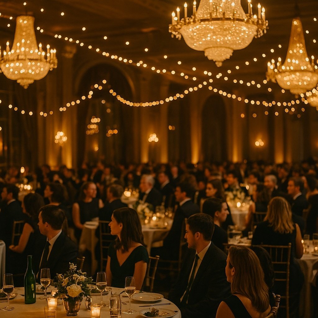 Salle de réception élégante lors d’un événement corporate haut de gamme organisé par AEK21 Event, lumière dorée et ambiance conviviale.