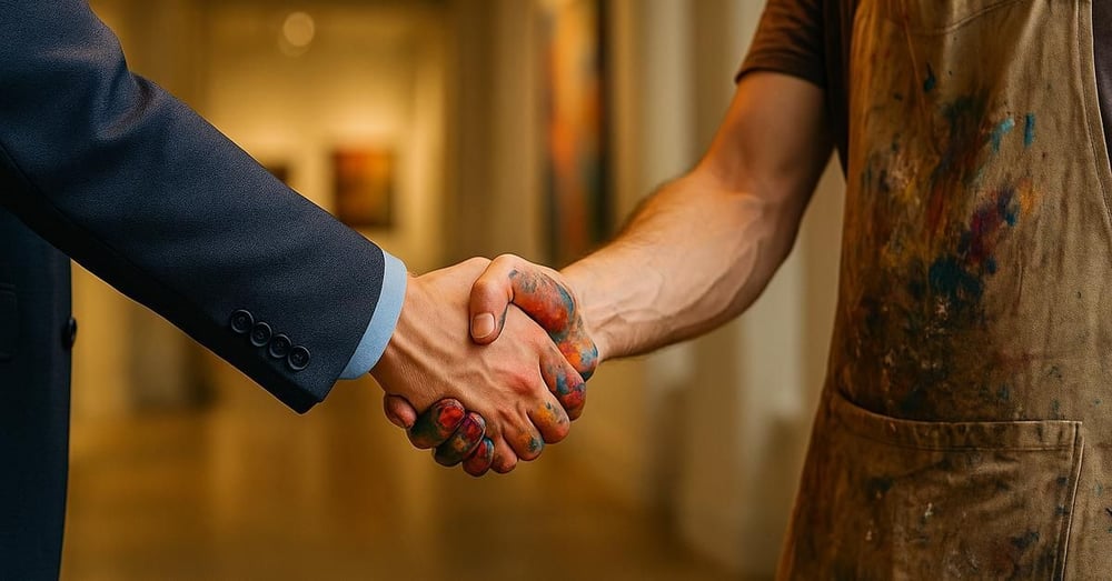 Poignée de main entre un chef d’entreprise et un artiste, symbole du lien entre culture et entreprise — AEK21 Event