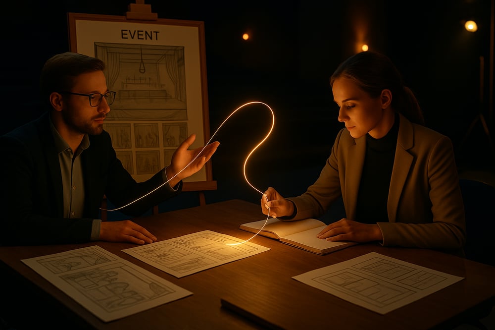 Deux professionnels travaillent ensemble sur la conception narrative d’un événement, analysant plans et scénographie dans une salle de spectacle — AEK21 Event